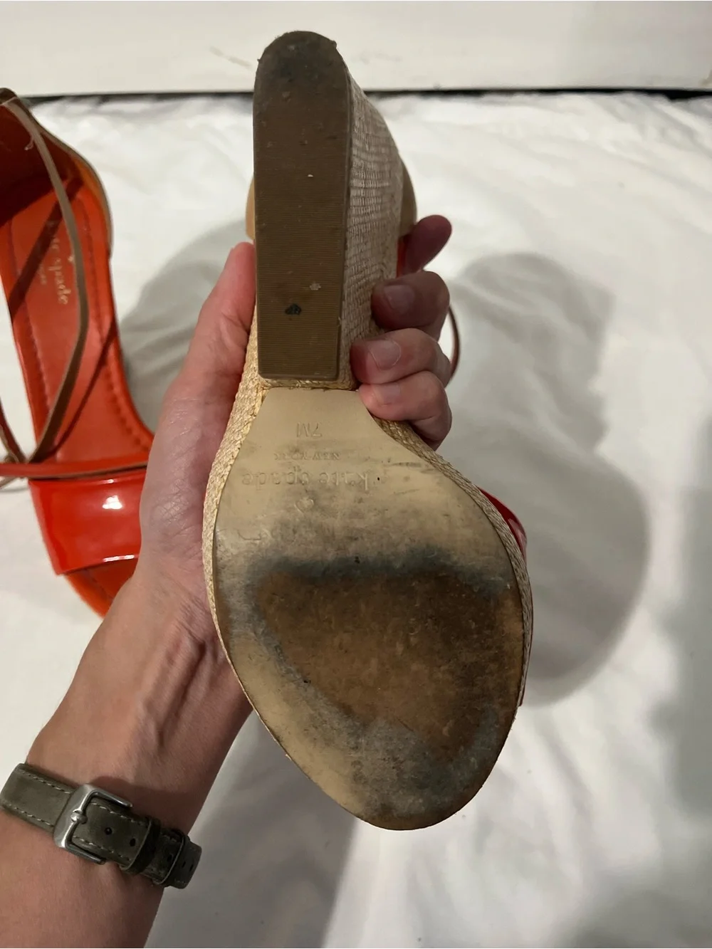 Kate Spade Wedge Sandals — bright orange  Patent & Tan Ankle Strap